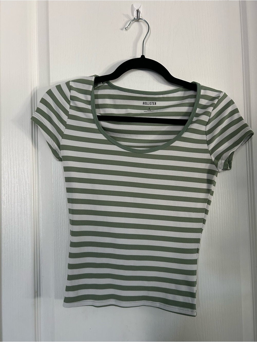 Hollister Olive Green & White Striped Scoop Neck Tee